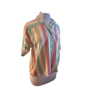 Vintage Women 8 Devernois Paris Striped Blouse Shirt Top Button Short Slv France